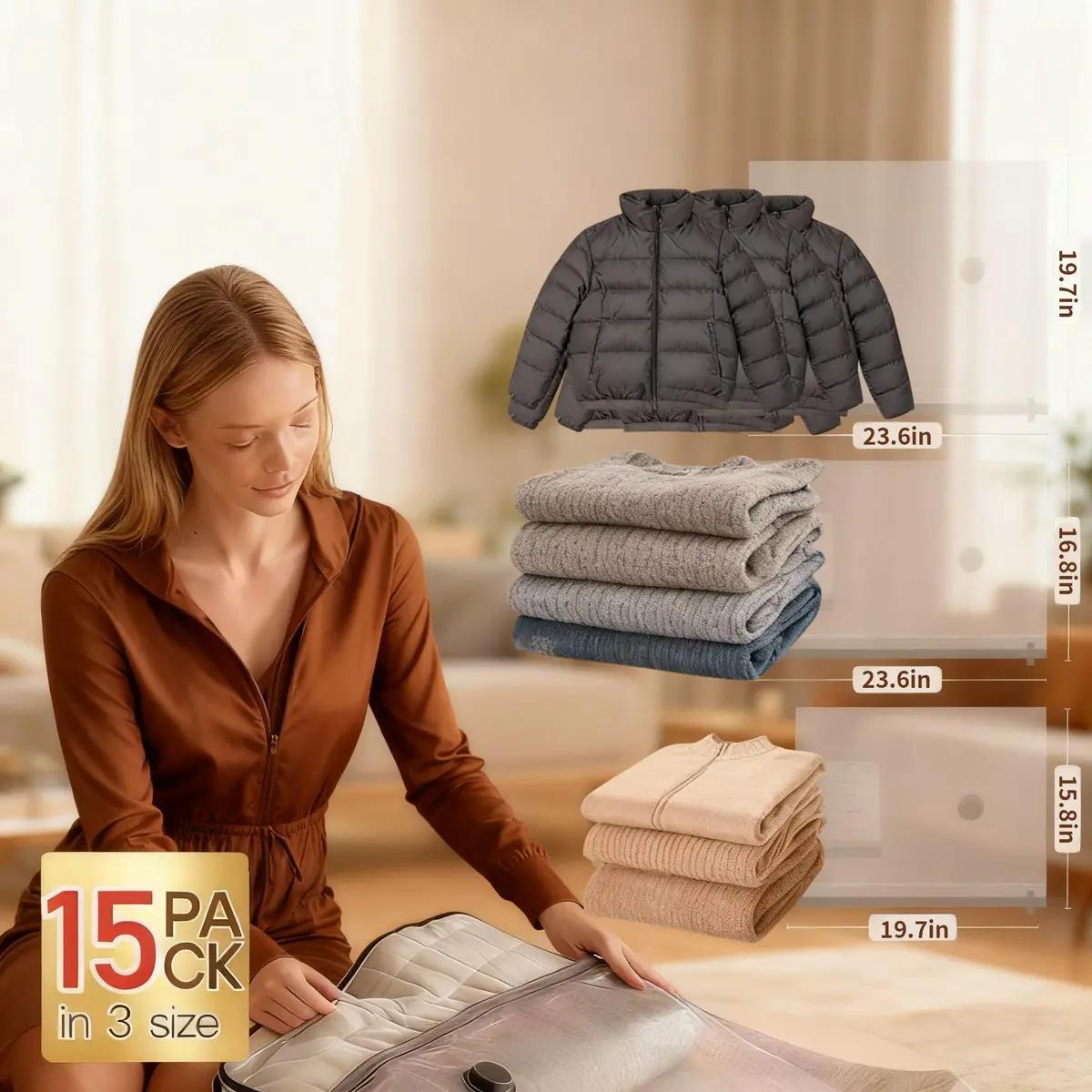 [2026 Upgraded] Cordless Travel Vacuum Storage Compression Bag Set with Rechargeable air Pump 15 Pack Waterproof &Reusable Compression Packing Bags for 3Size, 140L/Min Powerful Air Removal,Perfect for Carry-On Suitcases Mother’s Day Gift Idea