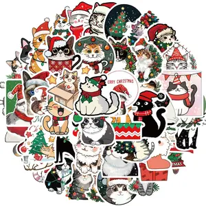 Christmas Cat Pattern Sticker, 50pcs/set Cute Cartoon Cat Sticker, Waterproof Self Adhesive Decor Paper, Decor Sticker for Gift Card Phone, Ornaments