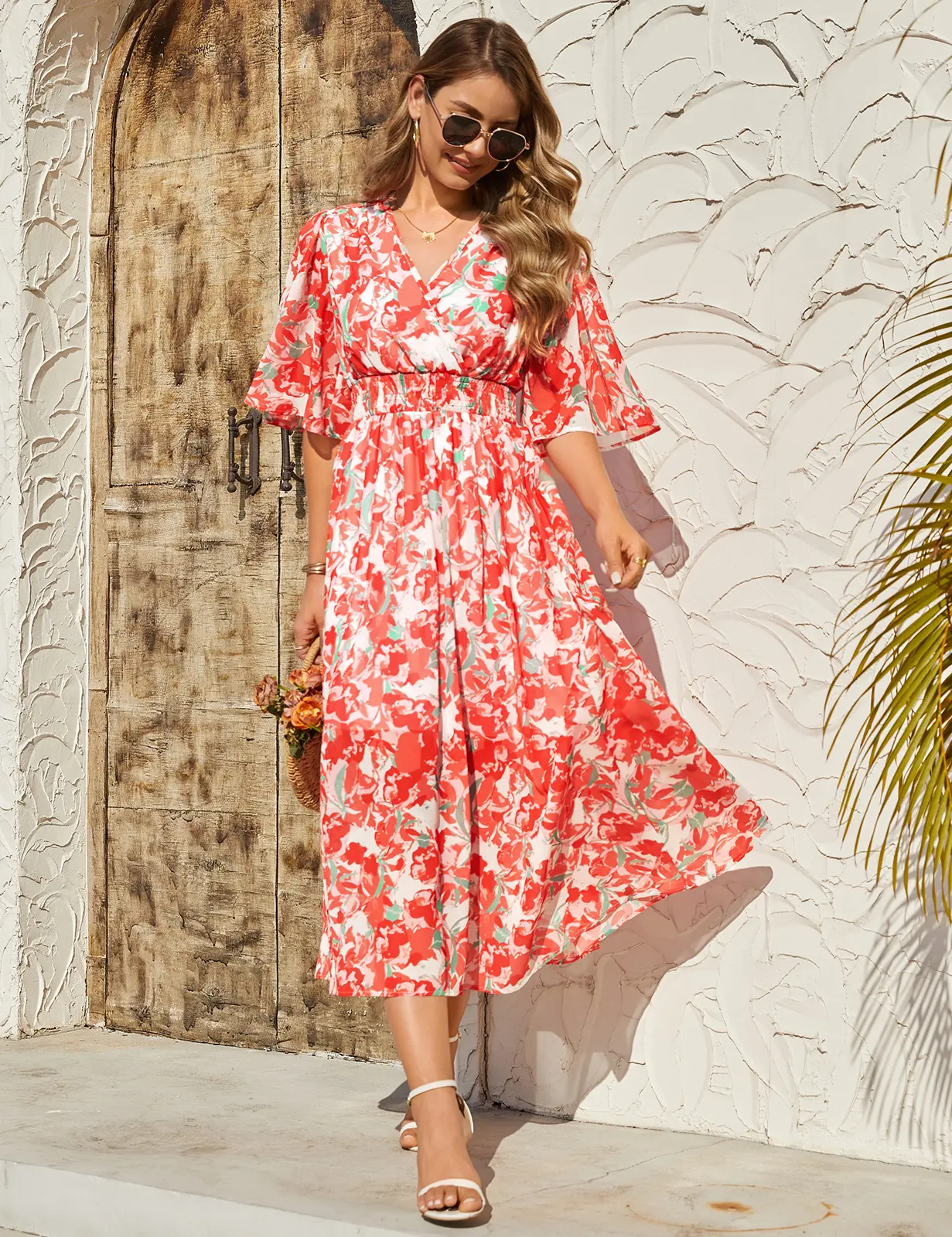 HEEKPEK Women's Clothing Bohemian Floral V-Neck 3/4 Sleeve A-Line Flowy Pull-On Maxi Dress, Casual Summer Beach Wedding Guest Dresses