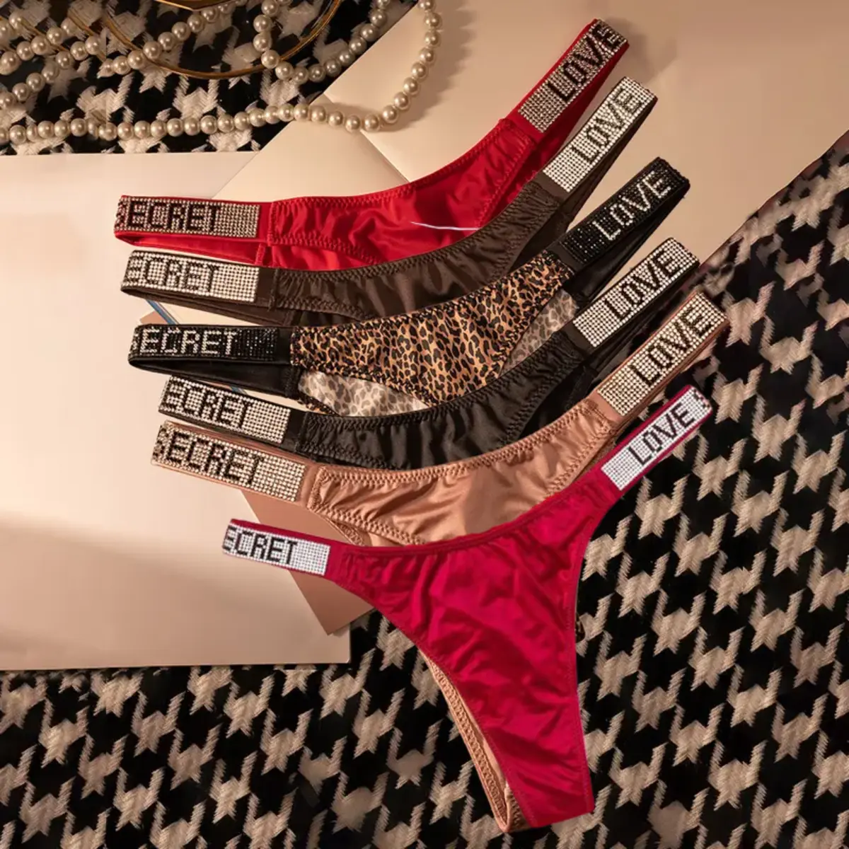 Women's 6-Pack Rhinestone Thong Panties, Low-Waist No-Show Stretch Underwear in Assorted Solid & Print Styles for Everyday & Wedding Wear, Panty, Fabric, Breathable, Holiday, Everyday Wear