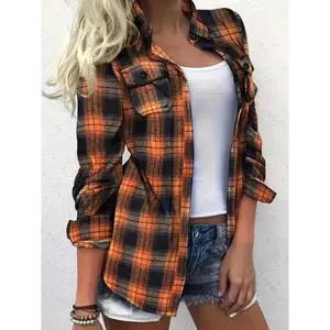 Women’s checkered long-sleeved button-up shirt, spring and autumn casual fashion top, fashionable women’s everyday wear