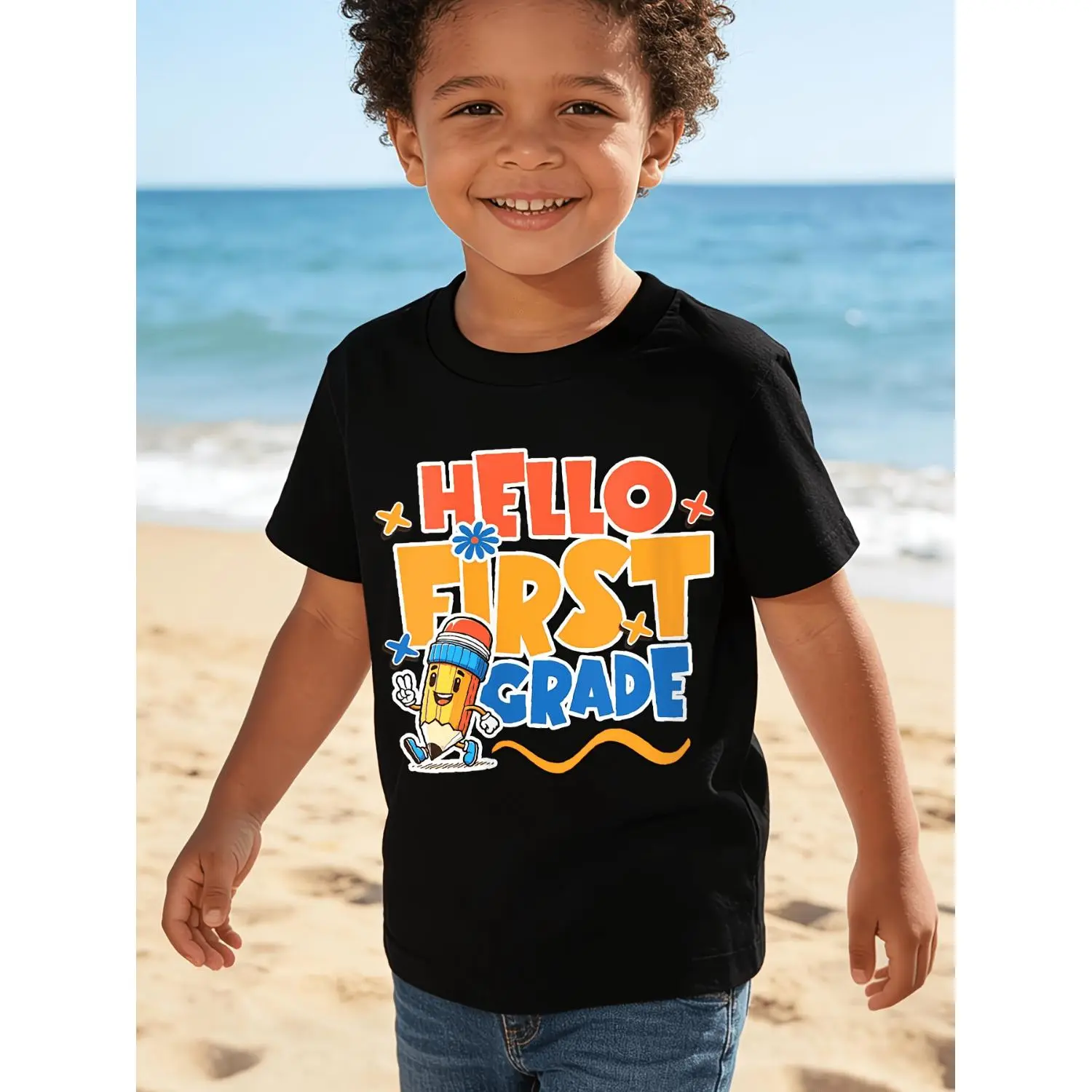 1st Grade Back to School Boys & Girls T-Shirt - Soft Breathable Round Neck Tee with Hello First Grade Team Print, Teacher Gift Suitable for Kids, Birthday Party Outfit, Everyday School Clothes, Machine Washable for Early Elementary Years