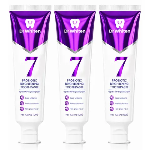 DrWhiten New 7-Pro Probiotic Purple Toothpaste | Fresh Breath & Color-Correcting Formula | Helps Balance Yellow Tones | Fluoride-Free | Mint Grape Flavor | 4.23 oz