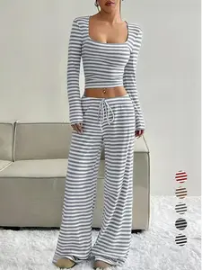 Women's Slouchy Square Neck Stripe Long Sleeve Crop Top & Low-Rise Wide Leg Trousers Co-ord, Minimalist Two Piece Outfits, Cozy Womenswear Striped Wideleg Casual Matching