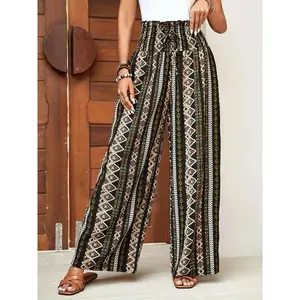 Women’s ethnic-pattern paperbag-waist wide-leg pants, casual high-waisted shirts, vacation beach pants, all-season women’s underwear, women’s clothing