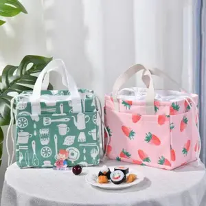 Pink Strawberry Green Handmade Canvas Drawstring Lunch Bag,Side Pockets Lunch Totes,Heat Insulated,Birthday,Valentine's Gifts