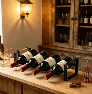 Modern Metal Wine Rack Countertop - 4 Bottles Single Tier Small Wine Holder, Minimalist Tabletop Wine Storage Shelf for Kitchen, Pantry, Bar, Quick 2-Minute Assembly (Black)