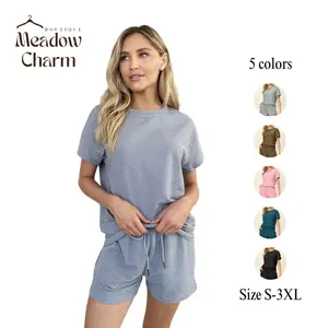 Double Take Full Size Texture Short Sleeve T-Shirt and Drawstring Shorts Set , 5 colors, Basic Comfort Stretchy Womenswear