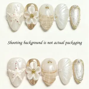 10pcs Minimalist Elegant INS Daily Versatile Gold Framed Hand-Painted Golden Glitter 3D Embossed Starfish Flower Water Drop Almond Nail Art Stickers, White & Gold Tones Nails Nail Supplies Handmade Press On Nails