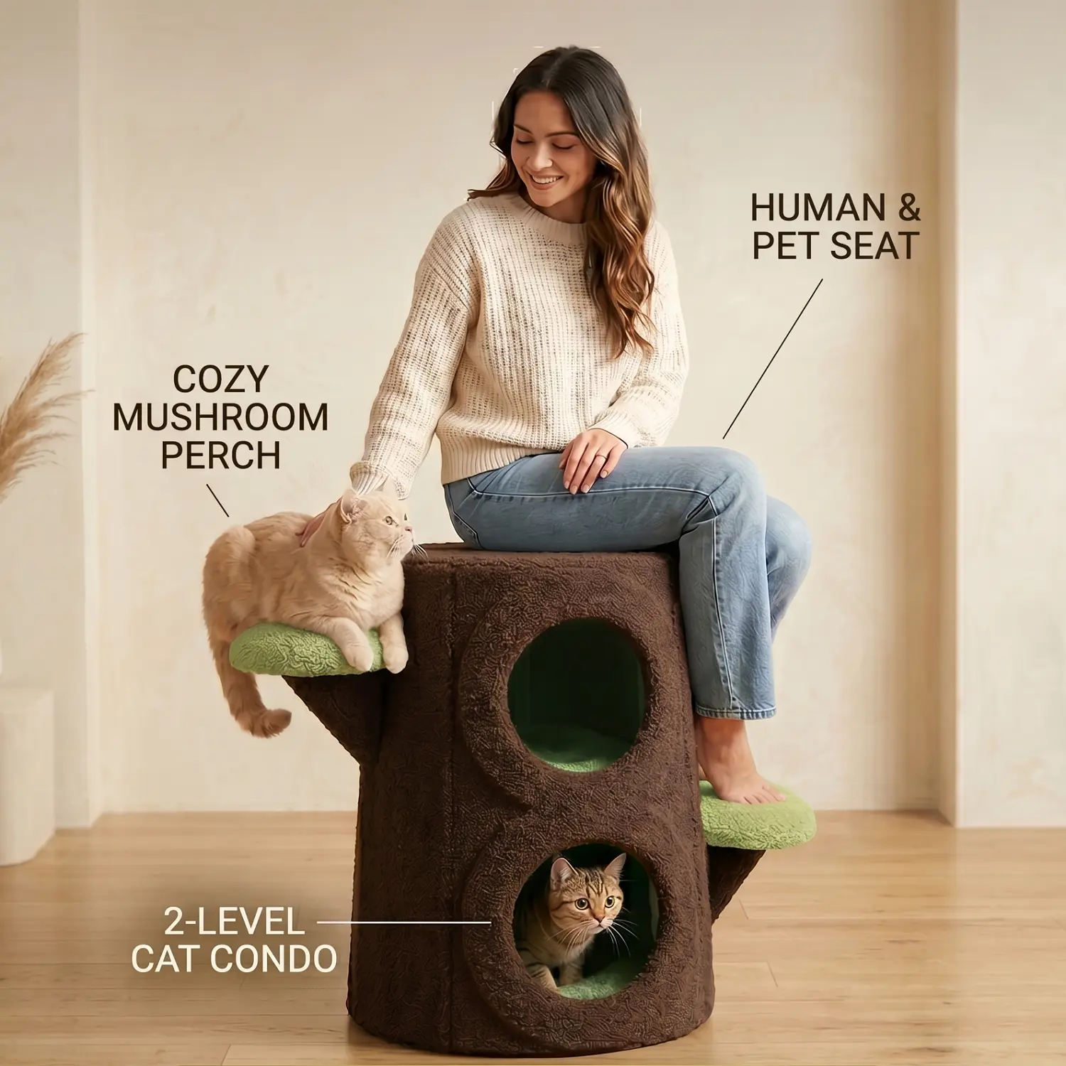 COMHOMA 2-Tier Bionic Tree Stump Cat Tree Tower & Cat Beds, Heavy-Duty Steel Frame Pet House Condo with Soft Teddy Velvet, Multipurpose Ottoman Stool for Humans & Pets, 450lbs Capacity Cat Furniture