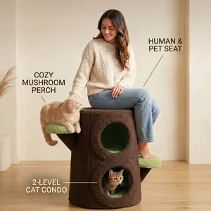 COMHOMA 2-Tier Bionic Tree Stump Cat Tree Tower & Cat Beds, Heavy-Duty Steel Frame Pet House Condo with Soft Teddy Velvet, Multipurpose Ottoman Stool for Humans & Pets, 450lbs Capacity Cat Furniture