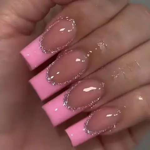 24pcs Medium Square Press-On Nails, French Style Glossy Nail Polish, Reusable Detachable Nail Tips, Glossy Fake Nails, Glitter Nails for Party Daily Wear, Nails Press Ons, Pressed On Nails