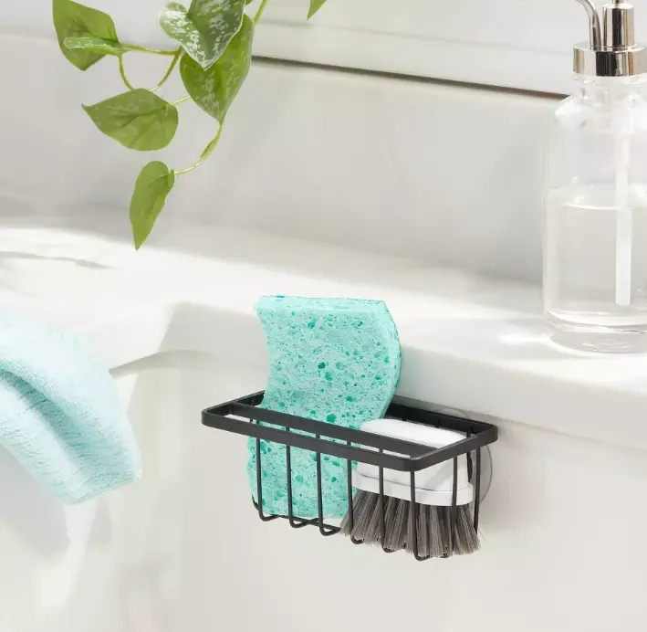 Small Suction Sink Caddy with Rag Holder, Stainless Steel Sponge Holder for Kitchen Sink Organization
