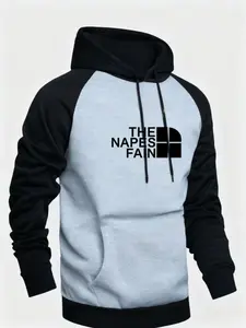 Men's Fa North Logo Print Hoodie, Thick Winter Warm Colorblock Design, Front Pocket, Casual Outdoor Pullover, Sports Wear