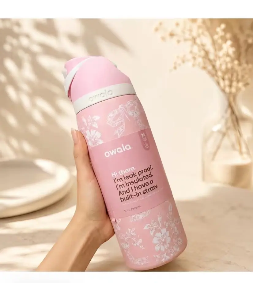 New 2026 Owala 32oz FreeSip Vacuum Insulated Stainless Steel Tumbler - Soft Pastel Pink Coquette Bow Pattern, Double Wall Leakproof, 2-Way Sip Straw, Stylish Cold Beverage Traveler Tumbler, Cute Gift for Girls, Water Bottles, Flasks, Drinkware, Stripes, I