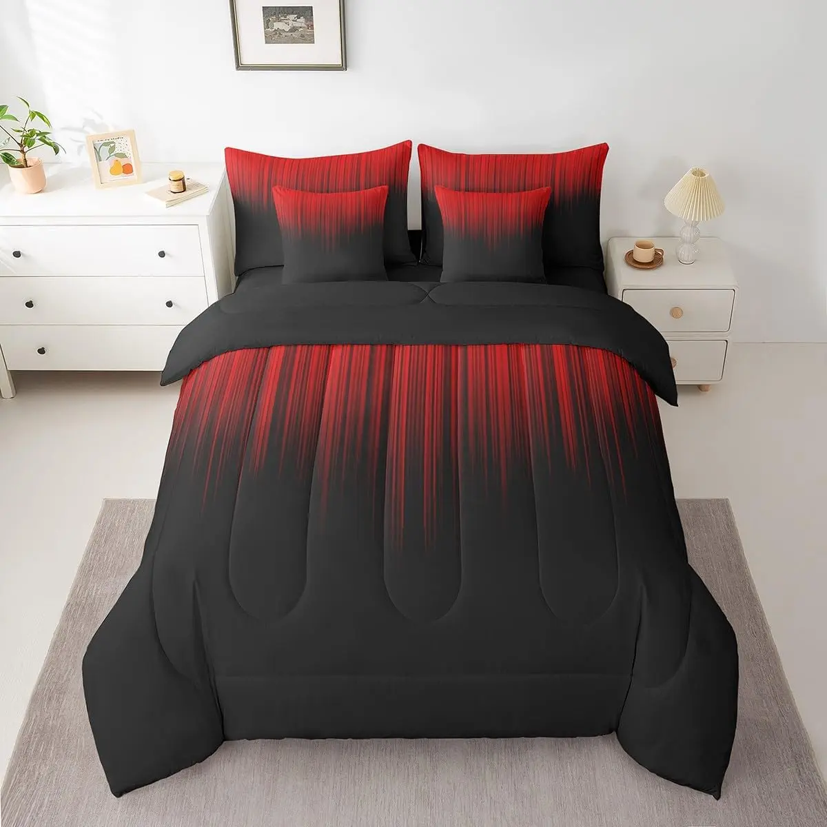 Feelyou 7-Piece Abstract Ombre Bed Cover Set - Red and Black, High Tensile Strength, Machine Washable, Breathable Modern Bedding Set with Sheets for Women, King/Queen Multi-Size Collection