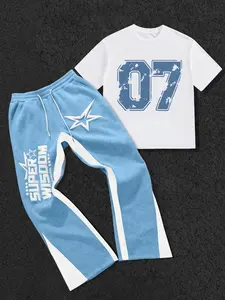 men's two-piece set includes a crew neck short-sleeved T-shirt and a pair of slim-fit trousers, featuring a 07 number graphic design. Made of knitted fabric, it's suitable for casual everyday wear and can be worn in all seasons.