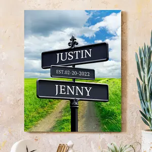 Personalized Canvas Vintage Street Sign For Couples, Custom Name And Date Vintage Street Sign Canvas Poster Print, Crossroads Street Sign Best Gift For Сouple, Wedding Street Art Canvas or Framed