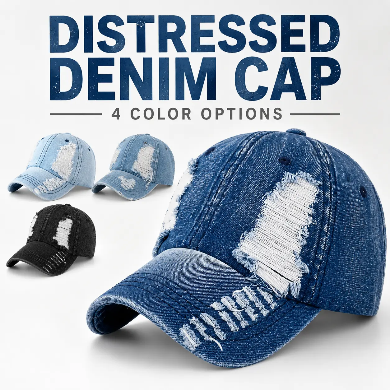 Unisex Vintage Distressed Denim Acrylic Baseball Cap - Street Style Washed Headwear with Frayed Edge, Adjustable Size, Breathable, Lightweight, Machine Washable, 1-Size Fit, Casual, Black Hats, Streetwear Hats, Frayed Edge Style, Distressed Look, One-Size