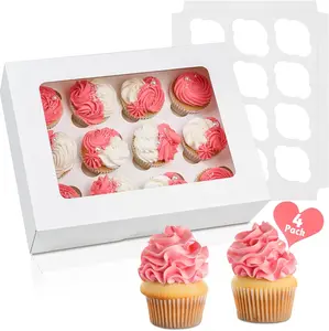 12 Count Cupcake Boxes, 4 Pack Auto-Popup White Cupcake Containers with Window and Inserts Cupcake Carrier with Holders to Fit Dozen Cupcakes and Muffins