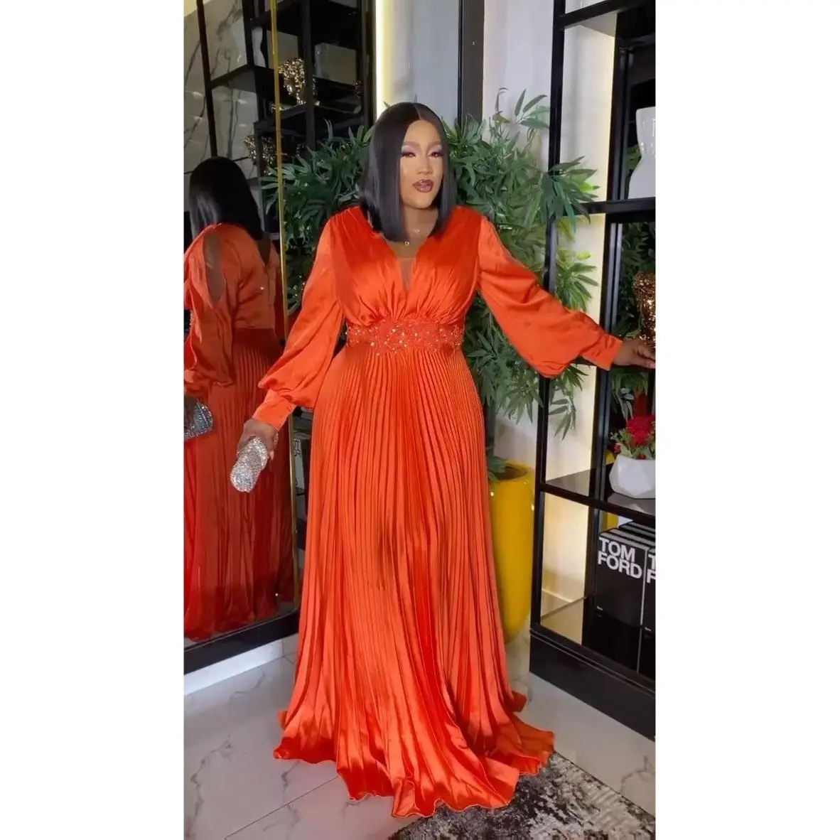 Orange Embellished Split Long Sleeve Pleated Maxi Dress for Wedding Guest Mother of The Bride Engagement Photoshoot Graduation Ceremony Anniversary Gala Cocktail Reception Formal Womenswear