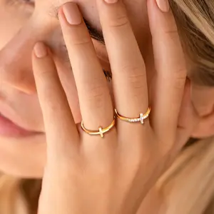Loyalove 2-Piece 14K plated Gold Cross Ring Set for Women, Dainty Sideways Cross Rings with Clear CZ Accents, Stackable Christian Faith Jewelry, Minimalist Rings, Sizes 5-12