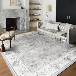 8x10 Area Rugs for Living Room Boho Grey, Large Bedroom Rug 8x10 Under Bed Machine Washable, Oriental Gray Floral Floor Carpet Rug Pad with Rubber Backing for Dining Room, 8x10ft, Grey/Silver