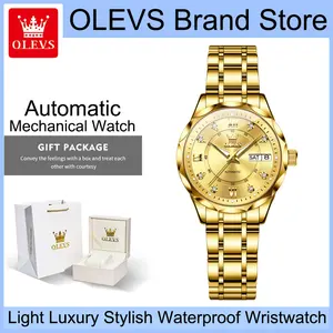 OLEVS 6727 Elegant Ladies Automatic Mechanical Watch, 34mm Luxury Gold Dial with Rhinestone Roman Numerals, Day & Date Dual Display, Luminous Hands, 3ATM Water Resistant Stainless Steel Fashion Dress Wristwatch for Daily Wear