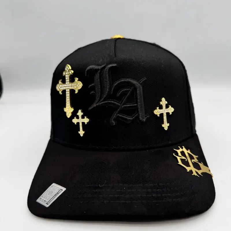 LA Cruces Doradas Black Hat with Cross and Gear Embroidery