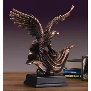 212 MAIN F51127 Bronze-Plated Resin Eagle With Flag Sculpture - 14x6x15", Heavy-Weight Western Figurine, Interior Decoration Accessories, Desk Decor Ornament