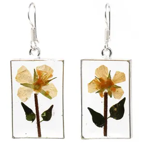 Handmade Pressed Yellow Flower Rectangle Dangle Earrings