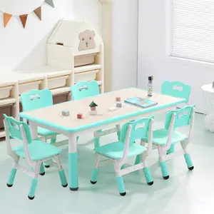 7PCS Kids Table and Chairs Set,Height Adjustable Toddler 1 Table 6 Chairs for Boys and Girls Ages 2-10,Children Multi-Activity Study Table w/Non-Slip Legs,Graffiti Desktop for Home Daycares-03 Round Dining Seater Design