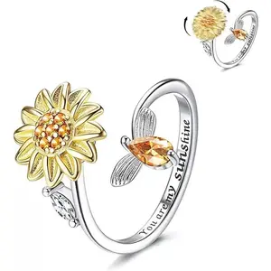 Worry Spinner Fidget Sunflower Ring Engraved with "You're My Sunshine" Butterfly Bee Star Moon Relief Spinning Rings for Friends & Family