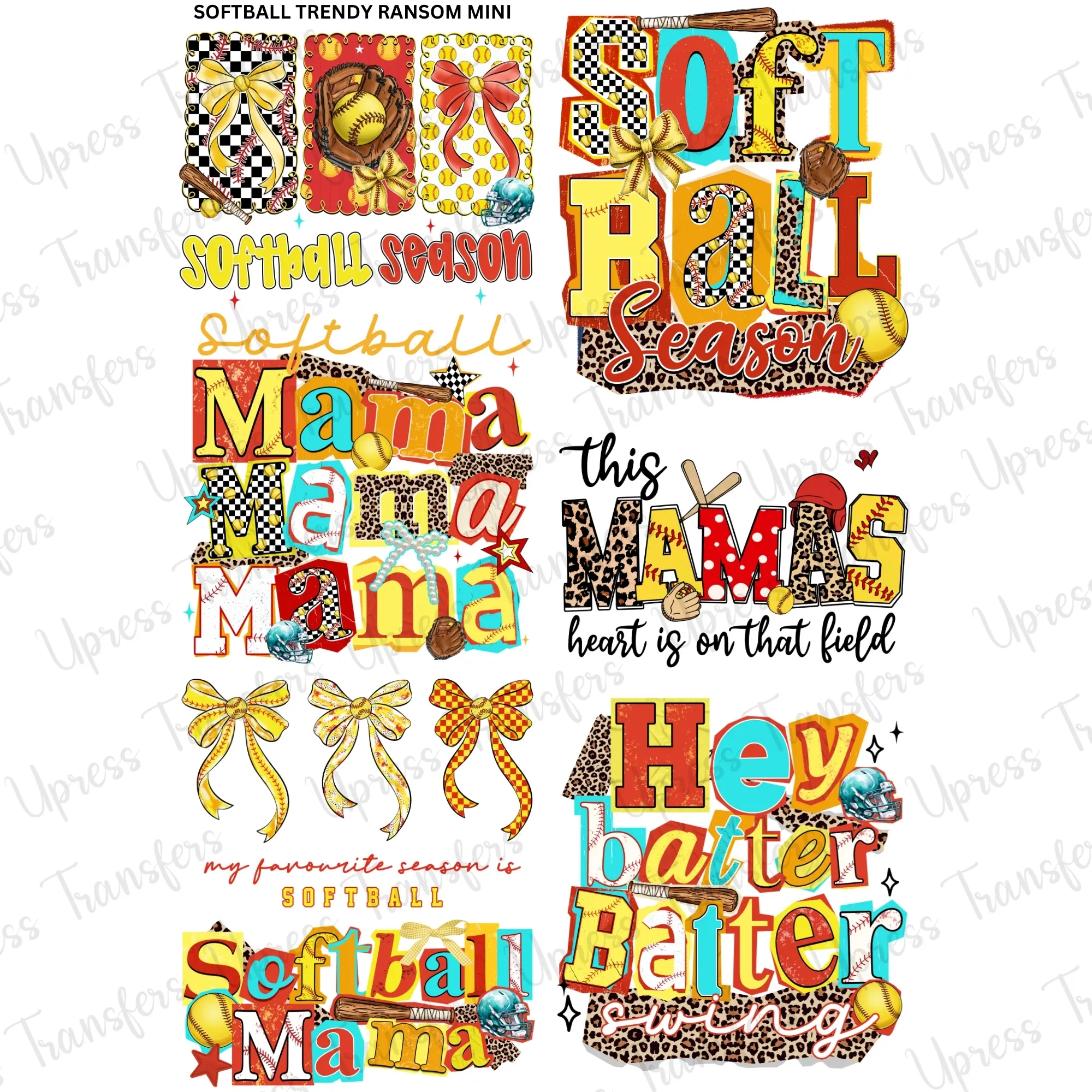 Softball Trendy Ransom Mini DTF Transfer Gang Sheet 24.5" wide x 36" long. Direct To Film Mini Gang Sheet