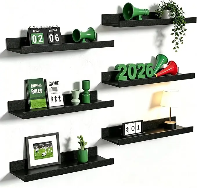 Floating Shelves for Wall Set of 6, Wall Mounted Wood Shelves for Decor and Storage, Black Picture Ledge Shelf for Bedroom Living Room Bathroom Kitchen, Modern Rustic Display Shelves for Books Frames Plants