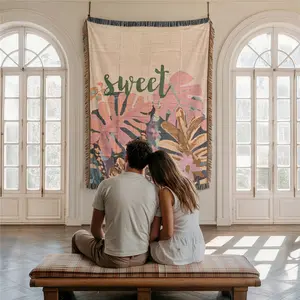 Large Leaf Powder Pattern Home Decor Yarn Woven Wall Art Tapestry for Bedroom Dorm Living Room- with Fringe Tassels Not Printed - Multipurpose Design Soft Boho H Chair Couch Bed Cover Throw Towel Slipcover Travel Garden Outdoor Camping Picnic Beach