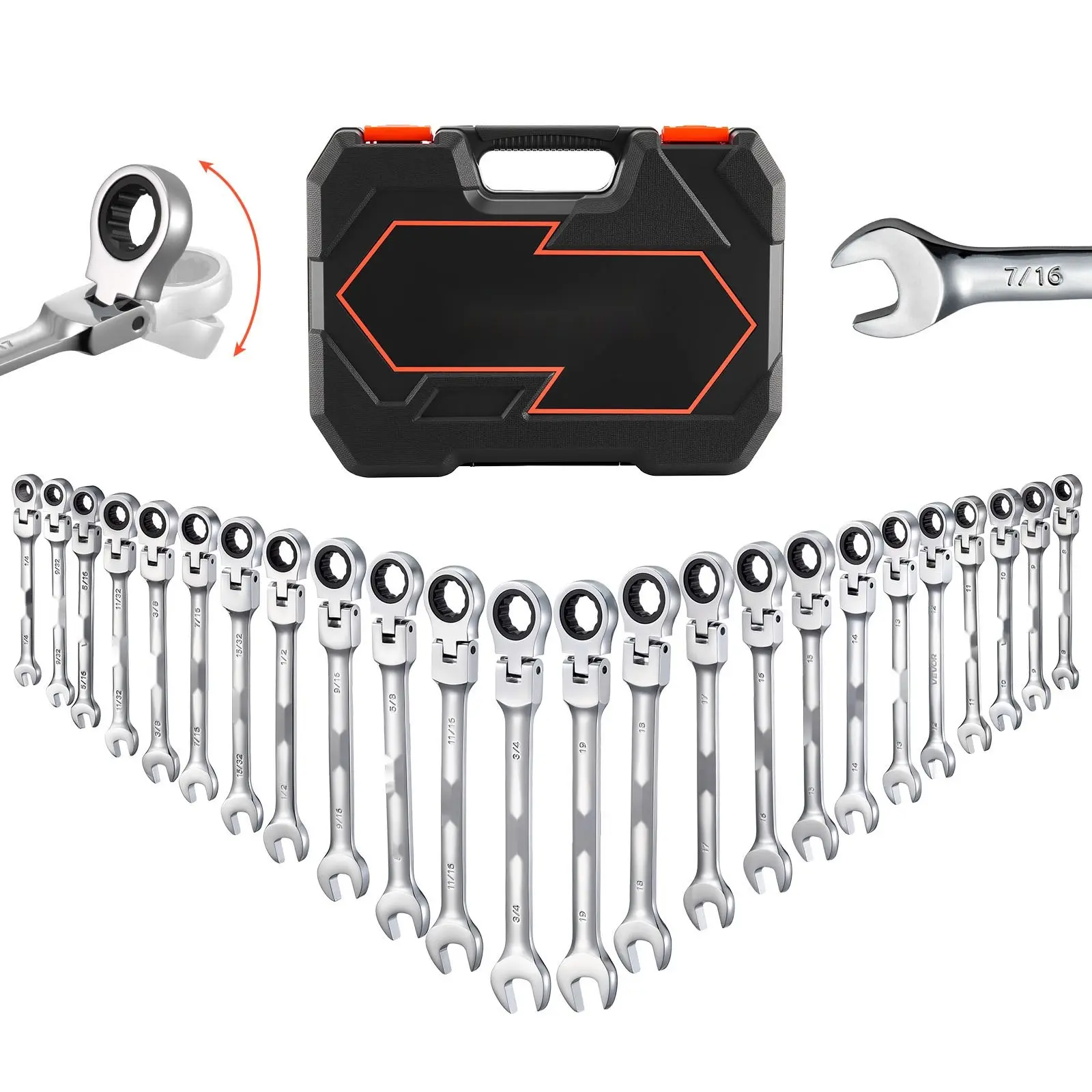 Flex-Head Ratcheting Wrench Set, 24-Piece SAE And Metric Sizes, 72-Tooth Cr-V Steel Ratchet Wrenches, Flexible Series With Storage Case, General Household, Automotive Repair And Maintenance Tools