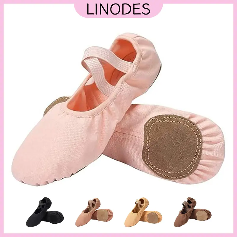 Linodes Women Adult Stretch Canvas Ballet Slippers, Split Suede Leather Sole Flexible Dance Yoga Shoes, Pre-Sewn Elastics Breathable Ballerina Practice.