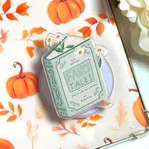 Aesthetic Fairy Tales Book Phone Topper, Pastel Green Botanical Reader Gift, Whimsical Daisy Flower Bookish Accessory, Cute Acrylic Finger Grip for Kindle