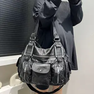 Vintage soft synthetic leather handbag - Black motorcycle style with multiple pockets, adjustable shoulder strap and zipper closure, large capacity shoulder bag and diagonal backpack, motorcycle bag