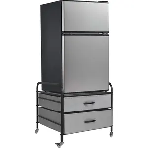 Mini Fridge Stand, Fridge Stand with Storage, 2 Drawer Fridge Cart, Organizer Unit for Mini Fridge, Fridge Stand with Metal Frame and Fabric Drawers, Mini Fridge Table with 4 Swivel Wheels
