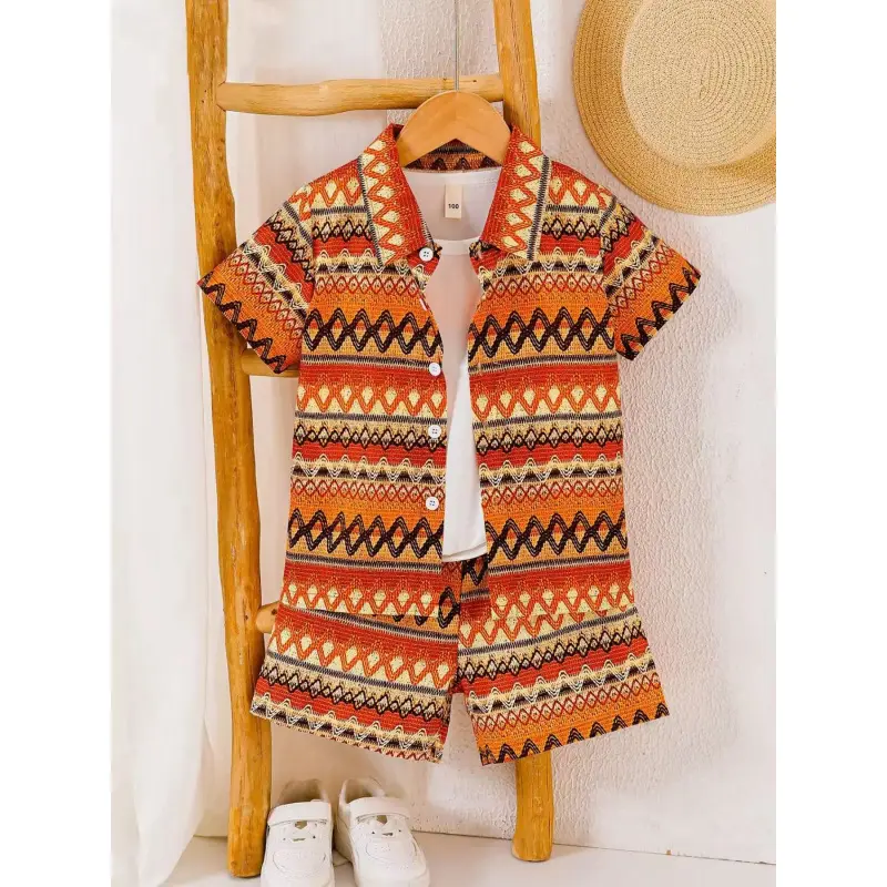 Bohemian style boys' summer suit, breathable short-sleeve shirt and shorts, fashionable two-piece set, suitable warm weather