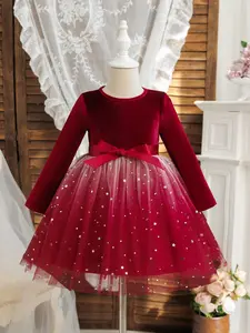 Girl's Glitter Sequin Bow Decor Tulle Dress, Elegant Long Sleeve Round Neck Party Dress for Evening Formal Occasions, Kids Clothes for Fall & Winter