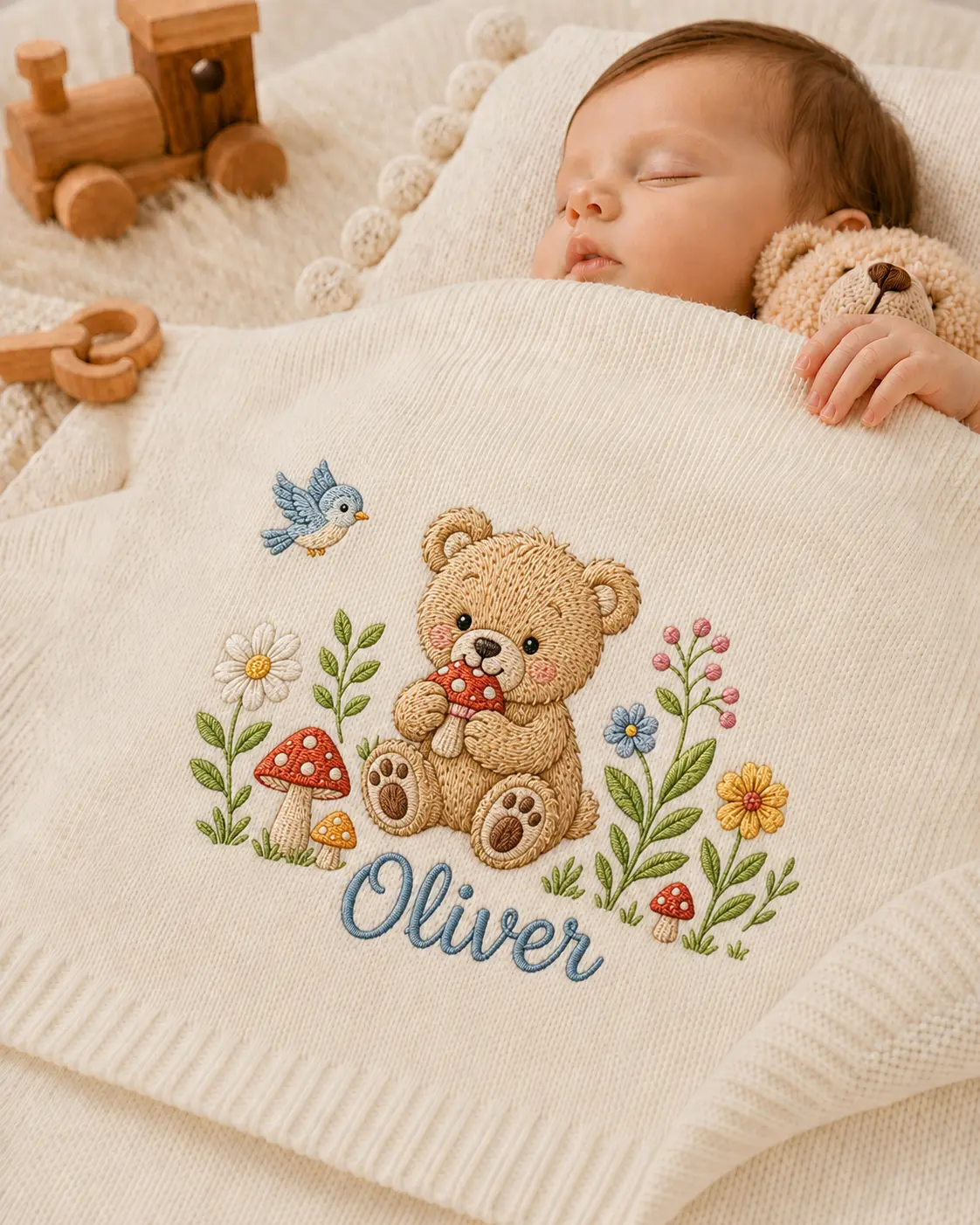 [Made-to-Order] Personalized Woodland Bear Embroidered Baby Blanket, Custom Name Wildflower Mushroom Knit Baby Blanket, Forest Nursery Keepsake, Baby Shower Gift