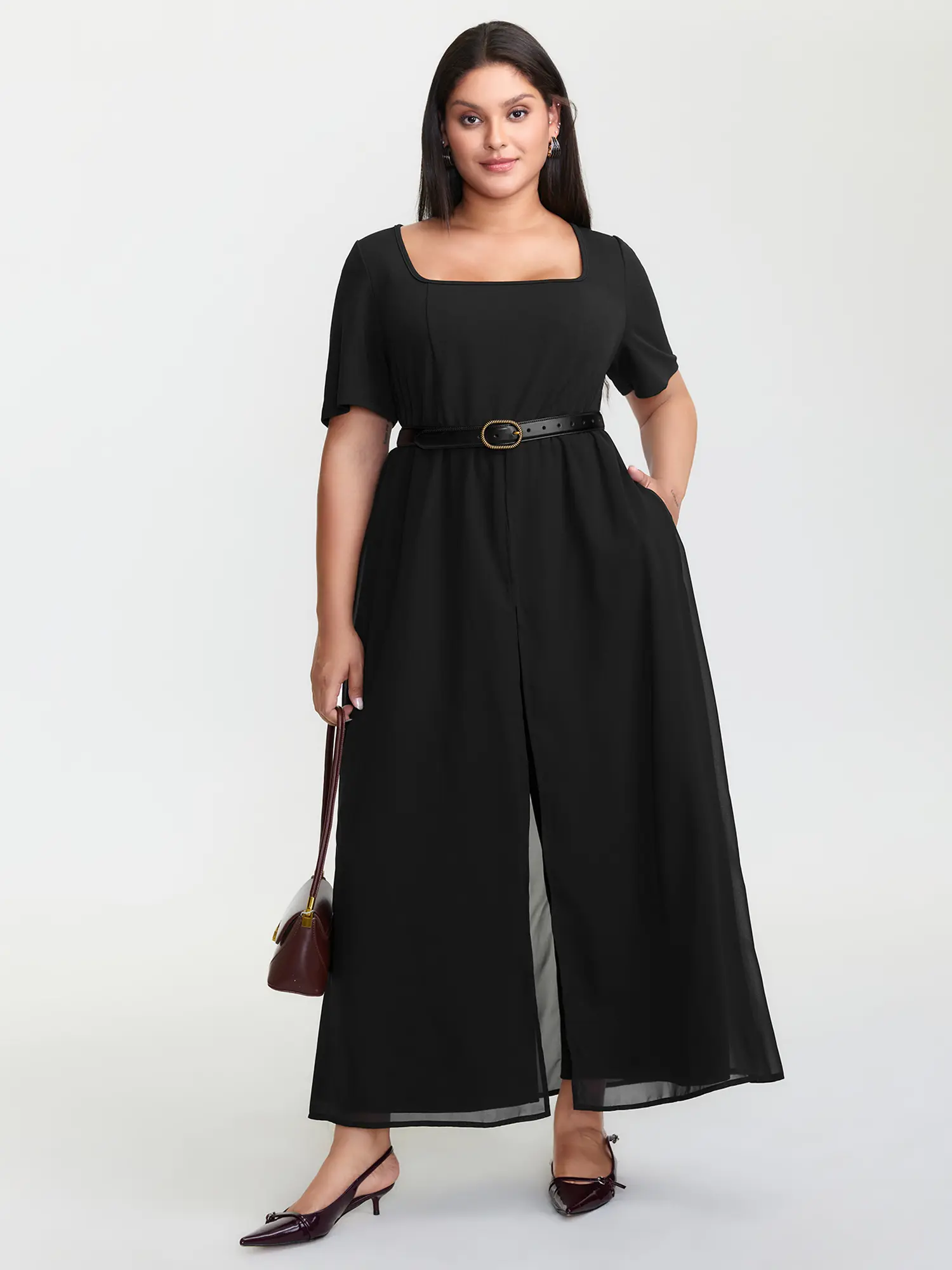 BloomChic Plus Size Solid Wide-Leg Jumpsuit, Layered Short Sleeve Garment with Square Neck in Stretchy Polyester, Shortsleeve, Lady, Fabric, Plus Size Clothes, Overalls, Jumpsuits For Women, Smooth, Low Iron, Curvy Clothing, Medium Stretch, Layered Sleeve