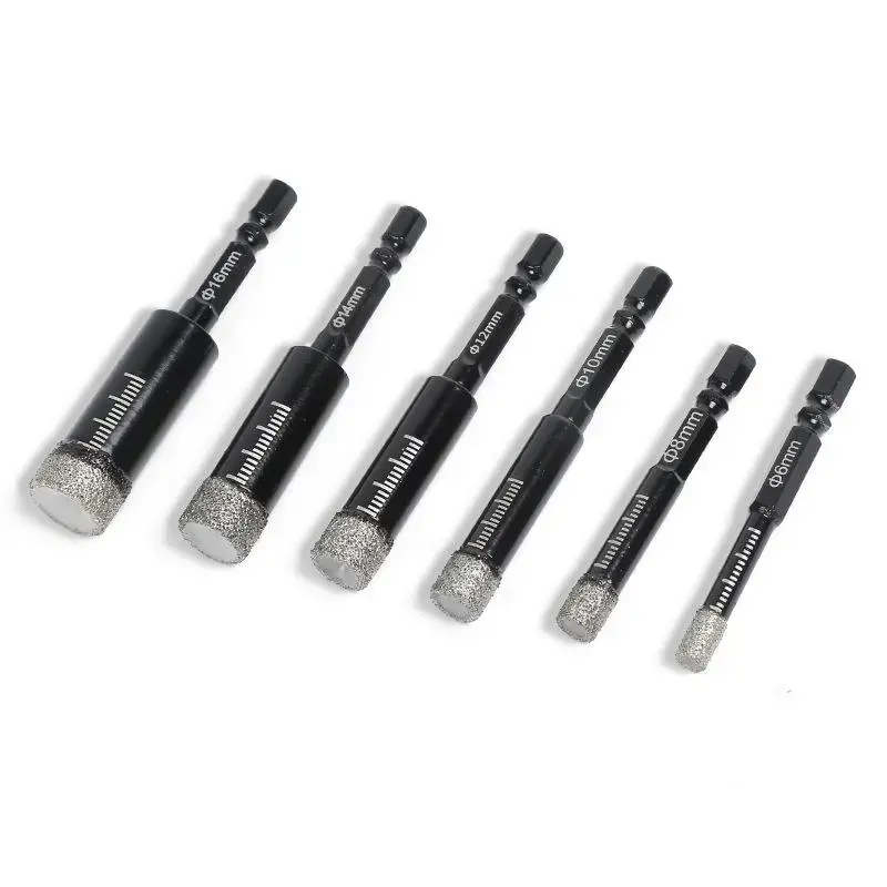 Brazed Diamond Drill Bit Set, 6-Piece with 1/4" Hex Shank Hole Saw Bits for Tile, Glass, Granite (Power Tool Accessory for Tools & Hardware)