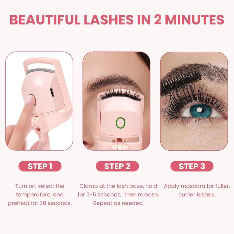 Electric Heated Eyelash Curler for Women USB Rechargeable Quick Heat-Up Multi-Temp Settings 24H Natural Curl Anti-Scald Silicone Portable Makeup Tool Pink Beauty Cosmetics