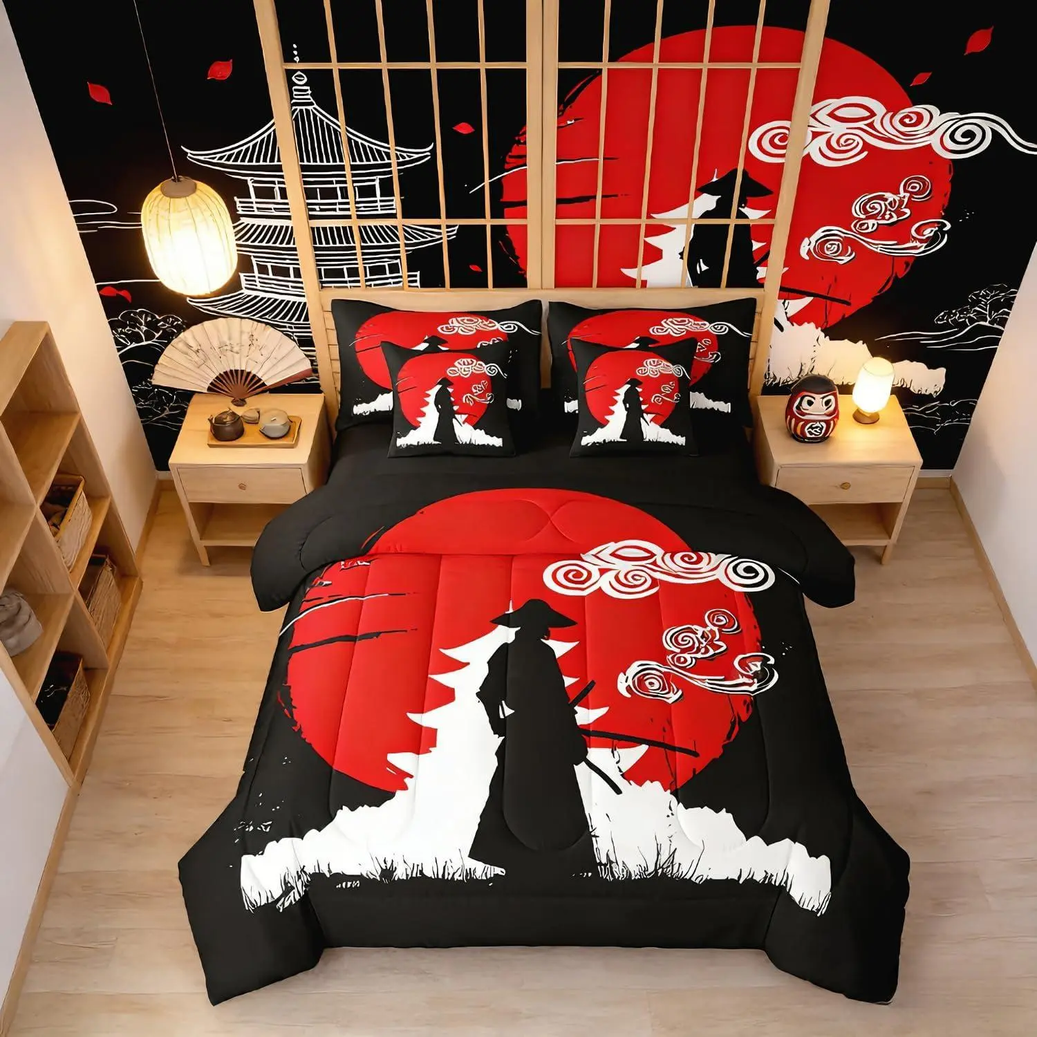 Feelyou 7-Piece Ultra Soft Microfiber Complete Bedding Set - Japanese Ukiyoe Building Silhouette Decorative Bedsheet Set with Bedspread, Multi-Size Room Decor, Bedspread Set, Decorative Bedsheet Sets