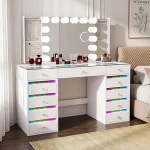VANITII GLOBAL Vanity Desk with RGB Lights 11-Drawer Clear Tempered Glass Top 2 Four-Drawer Side Cabinets USB&Type-C Ports Makeup Vanities