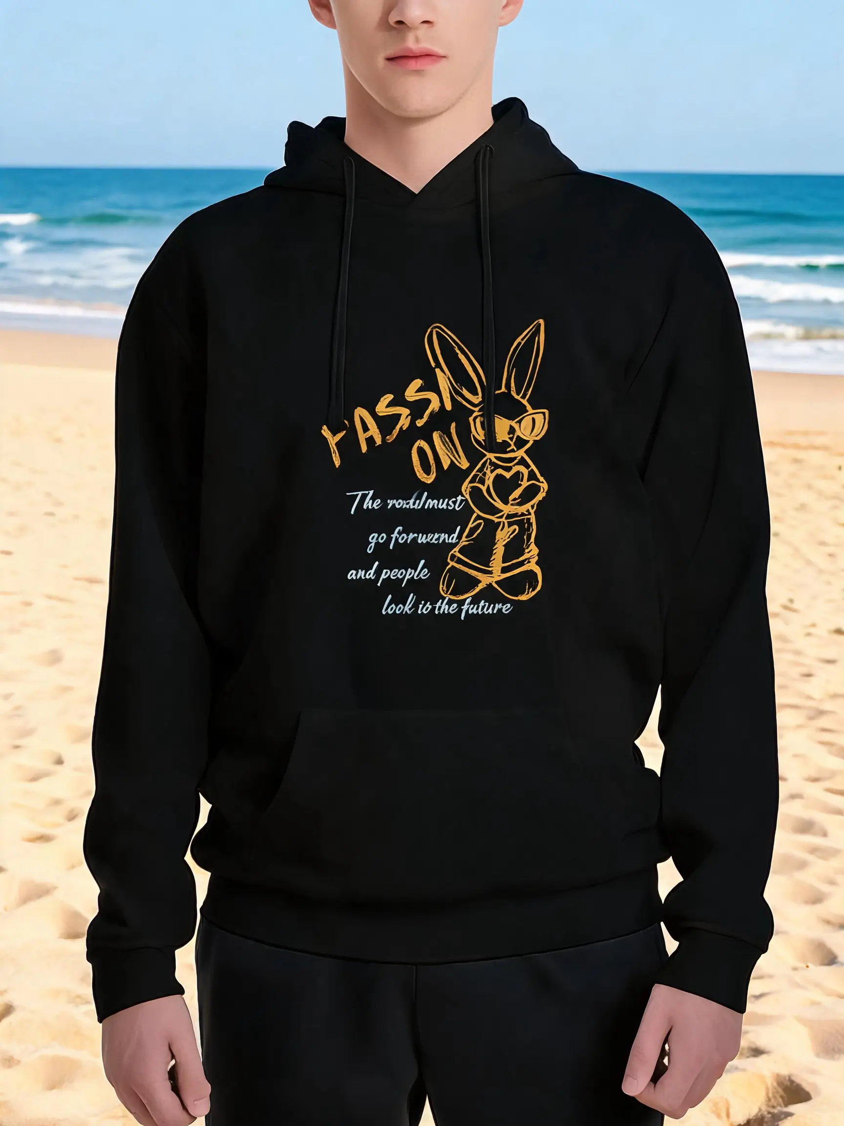 Vintage Bunny Print Hoodie Men Casual Streetwear Pullover